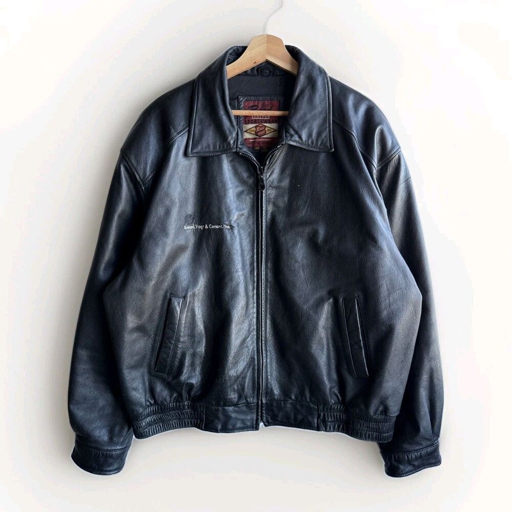 Vintage Reed Sportswear Black Leather Full Zip Bomber Jacket Men’s Size 48 Logo